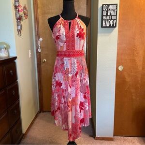 London Times pink and orange floral print sleeveless handkerchief hem midi 4